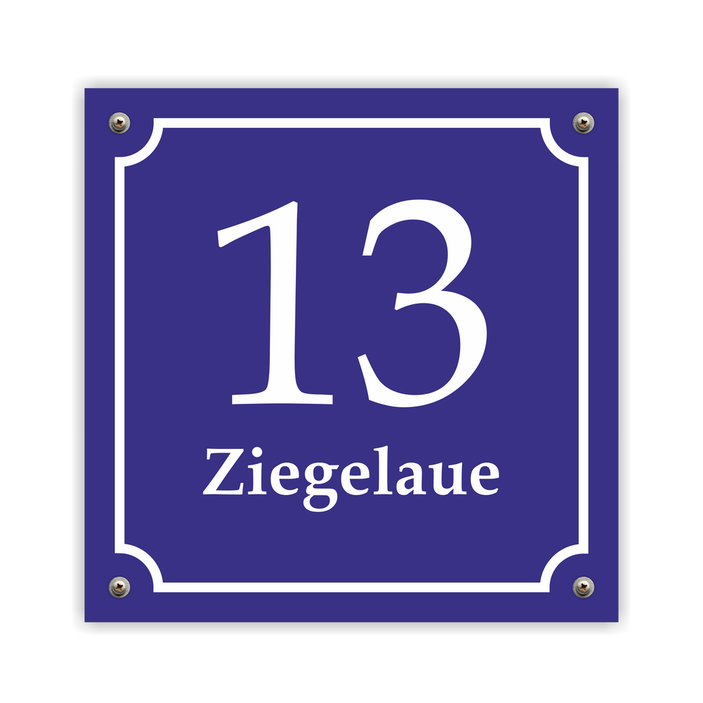 Hausnummernschild im Emaille-Design (15 × 15 cm) — verschiedene Farben – Ansicht Emaille-Schild blau 15x15 cm mit Schrauben