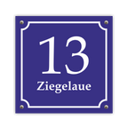 Hausnummernschild im Emaille-Design (15 × 15 cm) — verschiedene Farben – Ansicht Emaille-Schild blau 15x15 cm mit Schrauben