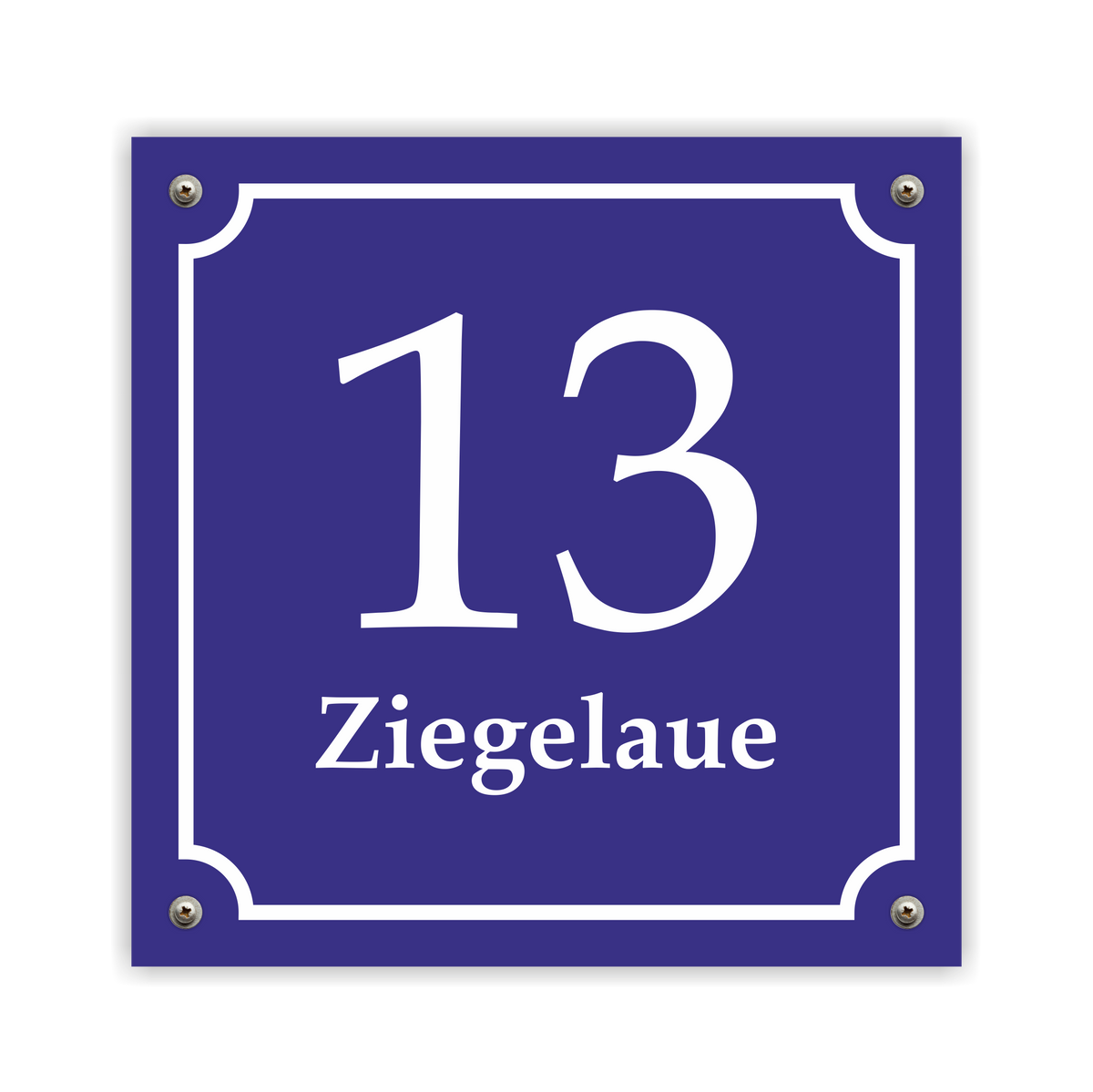 Hausnummernschild im Emaille-Design (15 × 15 cm) — verschiedene Farben – Ansicht Emaille-Schild blau 15x15 cm mit Schrauben
