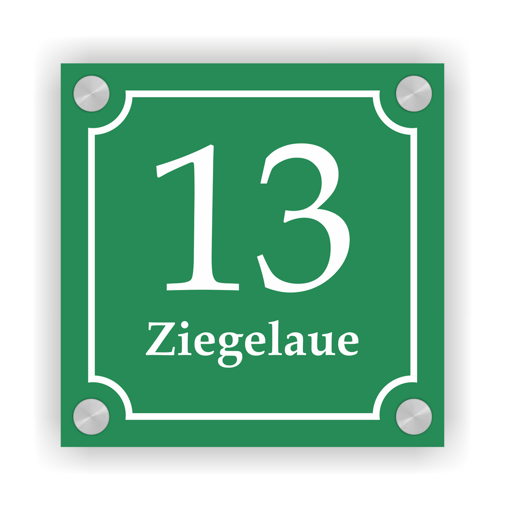 Hausnummernschild im Emaille-Design (15 × 15 cm) — verschiedene Farben – Ansicht Emaille-Schild grün 15x15 cm mit Edelstahlabstandshaltern