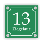 Hausnummernschild im Emaille-Design (15 × 15 cm) — verschiedene Farben – Ansicht Emaille-Schild grün 15x15 cm mit Edelstahlabstandshaltern