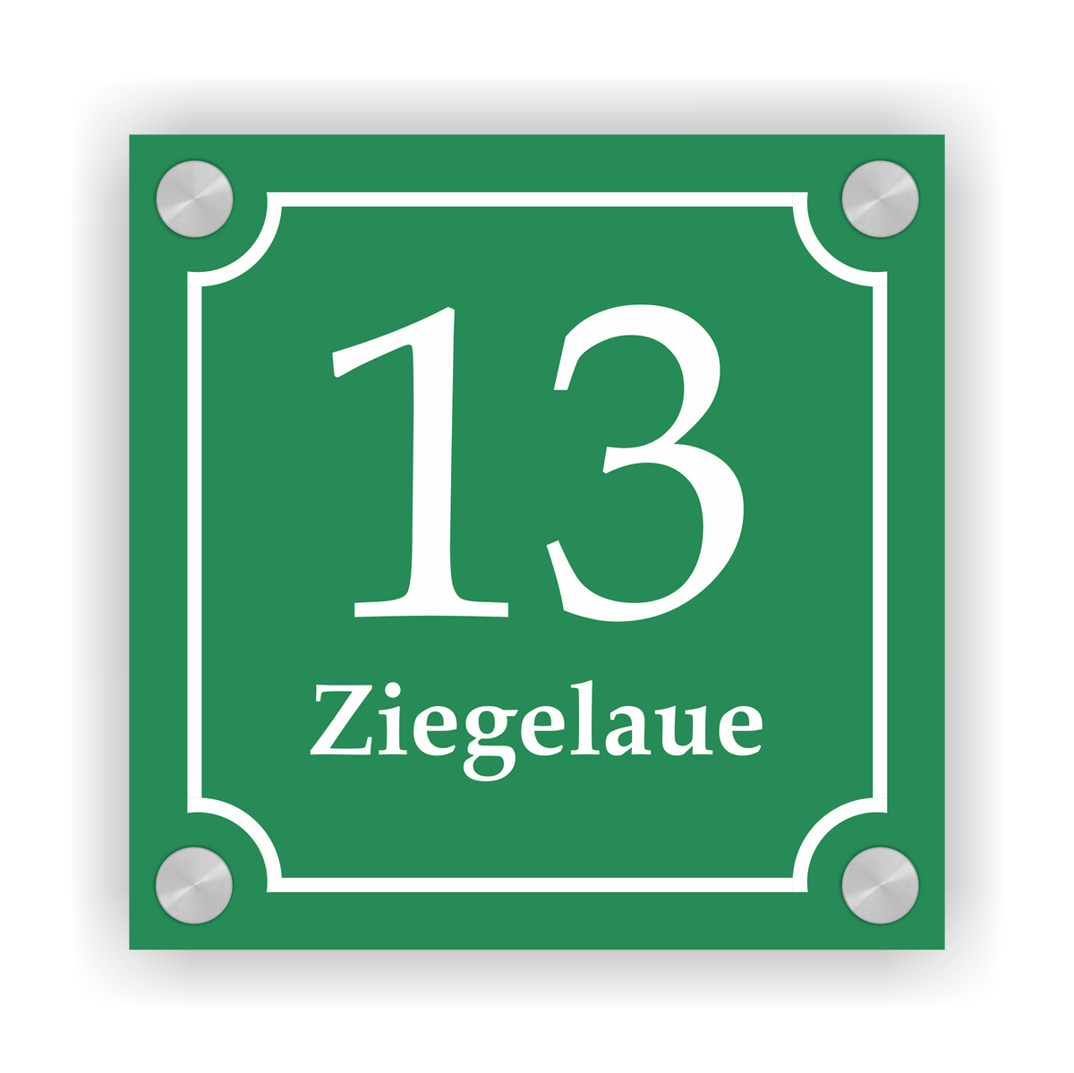Hausnummernschild im Emaille-Design (15 × 15 cm) — verschiedene Farben – Ansicht Emaille-Schild grün 15x15 cm mit Edelstahlabstandshaltern