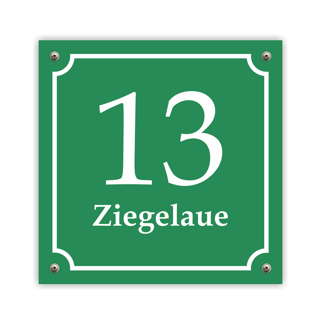 Hausnummernschild im Emaille-Design (15 × 15 cm) — verschiedene Farben – Ansicht Emaille-Schild grün 15x15 cm mit Schrauben