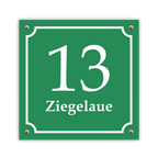 Hausnummernschild im Emaille-Design (15 × 15 cm) — verschiedene Farben – Ansicht Emaille-Schild grün 15x15 cm mit Schrauben