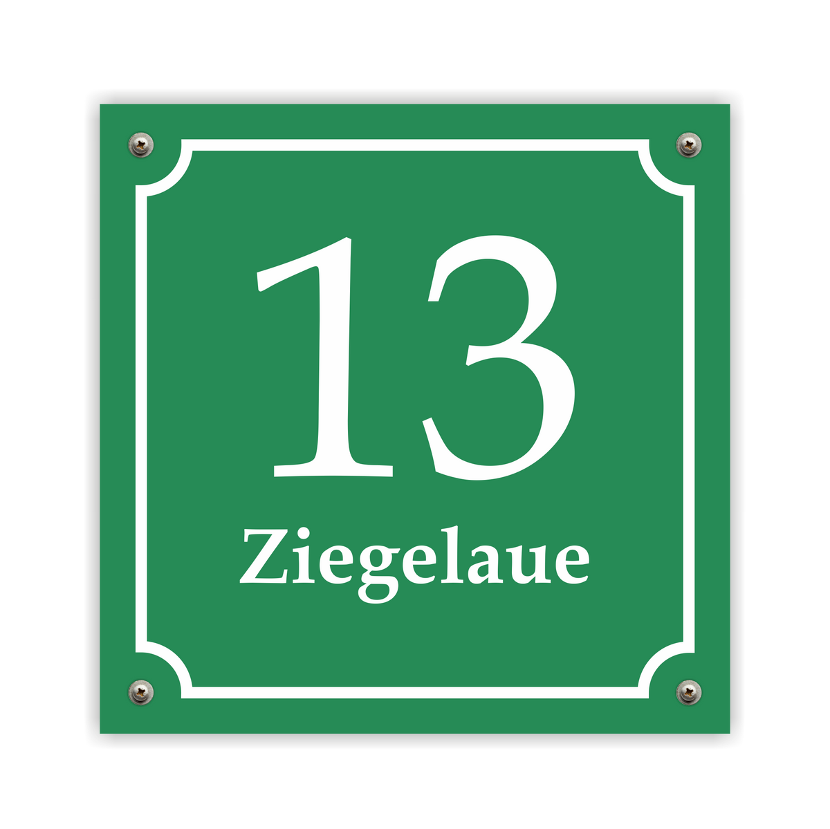 Hausnummernschild im Emaille-Design (15 × 15 cm) — verschiedene Farben – Ansicht Emaille-Schild grün 15x15 cm mit Schrauben