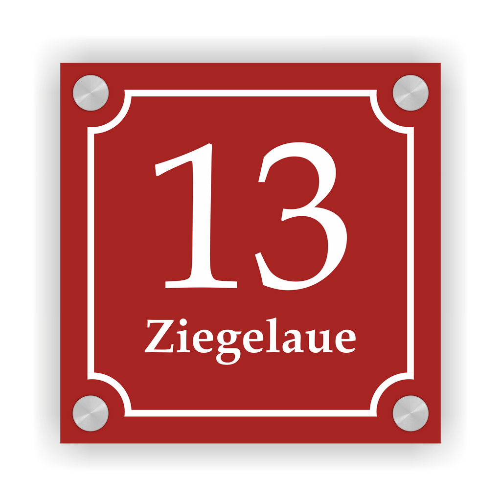 Hausnummernschild im Emaille-Design (15 × 15 cm) — verschiedene Farben – Ansicht Emaille-Schild rot 15x15 cm mit Edelstahlabstandshaltern