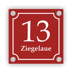 Hausnummernschild im Emaille-Design (15 × 15 cm) — verschiedene Farben – Ansicht Emaille-Schild rot 15x15 cm mit Edelstahlabstandshaltern