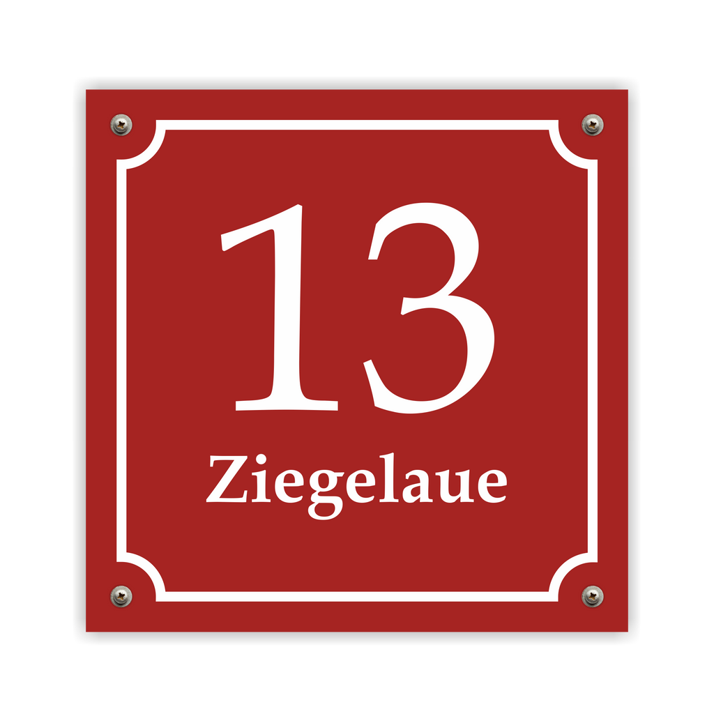 Hausnummernschild im Emaille-Design (15 × 15 cm) — verschiedene Farben – Ansicht Emaille-Schild rot 15x15 cm mit Schrauben