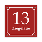 Hausnummernschild im Emaille-Design (15 × 15 cm) — verschiedene Farben – Ansicht Emaille-Schild rot 15x15 cm mit Schrauben