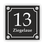 Hausnummernschild im Emaille-Design (15 × 15 cm) — verschiedene Farben – Ansicht Emaille-Schild schwarz 15x15 cm mit Edelstahlabstandshaltern