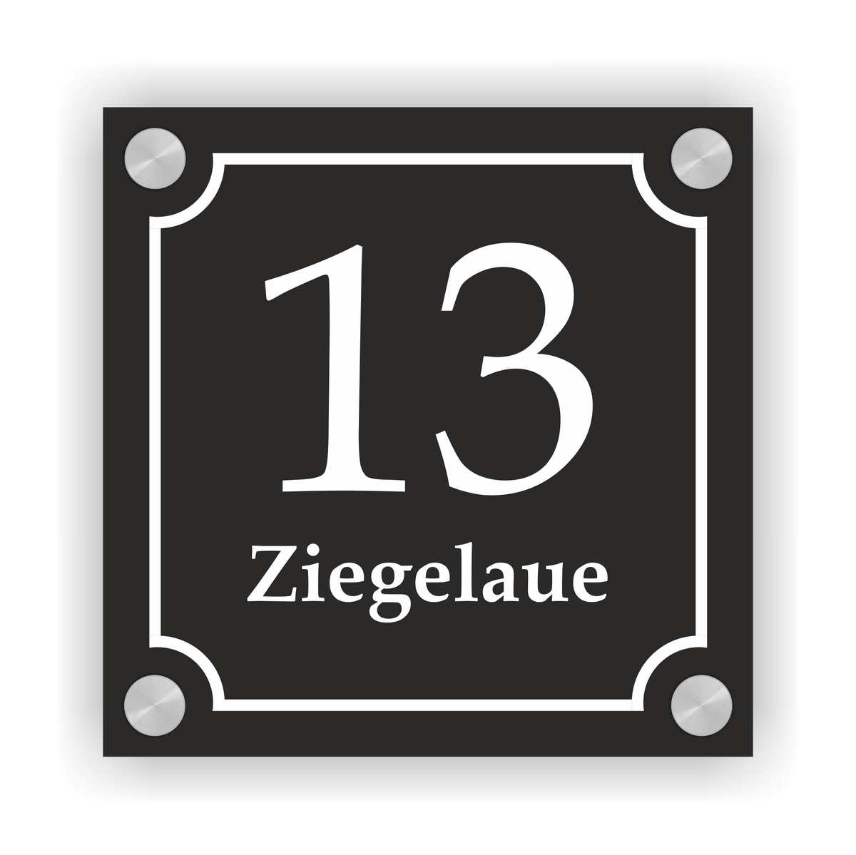 Hausnummernschild im Emaille-Design (15 × 15 cm) — verschiedene Farben – Ansicht Emaille-Schild schwarz 15x15 cm mit Edelstahlabstandshaltern