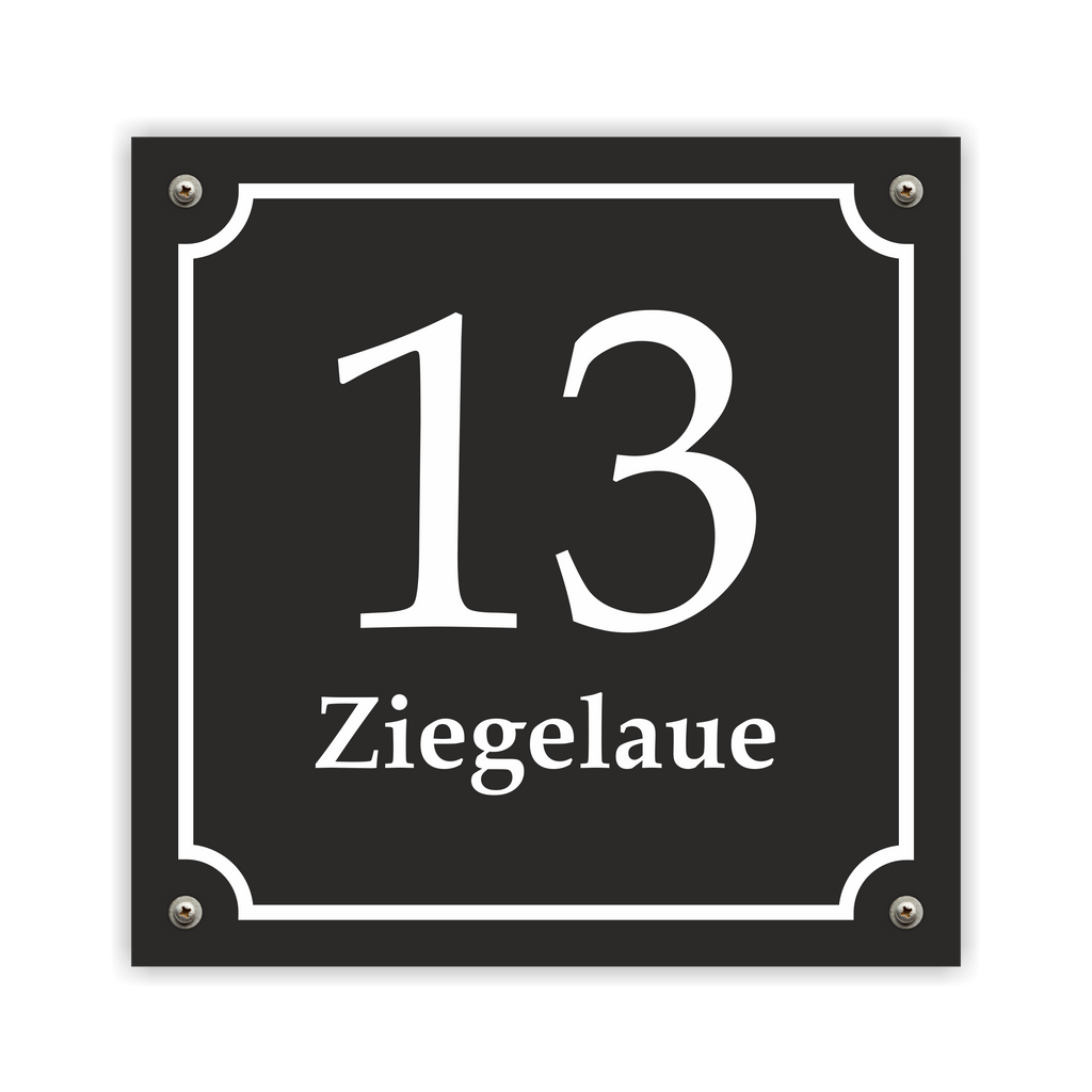 Hausnummernschild im Emaille-Design (15 × 15 cm) — verschiedene Farben – Ansicht Emaille-Schild schwarz 15x15 cm mit Schrauben