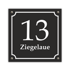 Hausnummernschild im Emaille-Design (15 × 15 cm) — verschiedene Farben – Ansicht Emaille-Schild schwarz 15x15 cm mit Schrauben