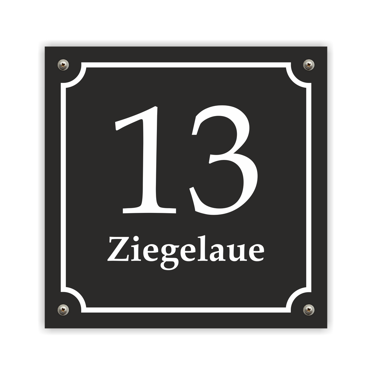 Hausnummernschild im Emaille-Design (15 × 15 cm) — verschiedene Farben – Ansicht Emaille-Schild schwarz 15x15 cm mit Schrauben