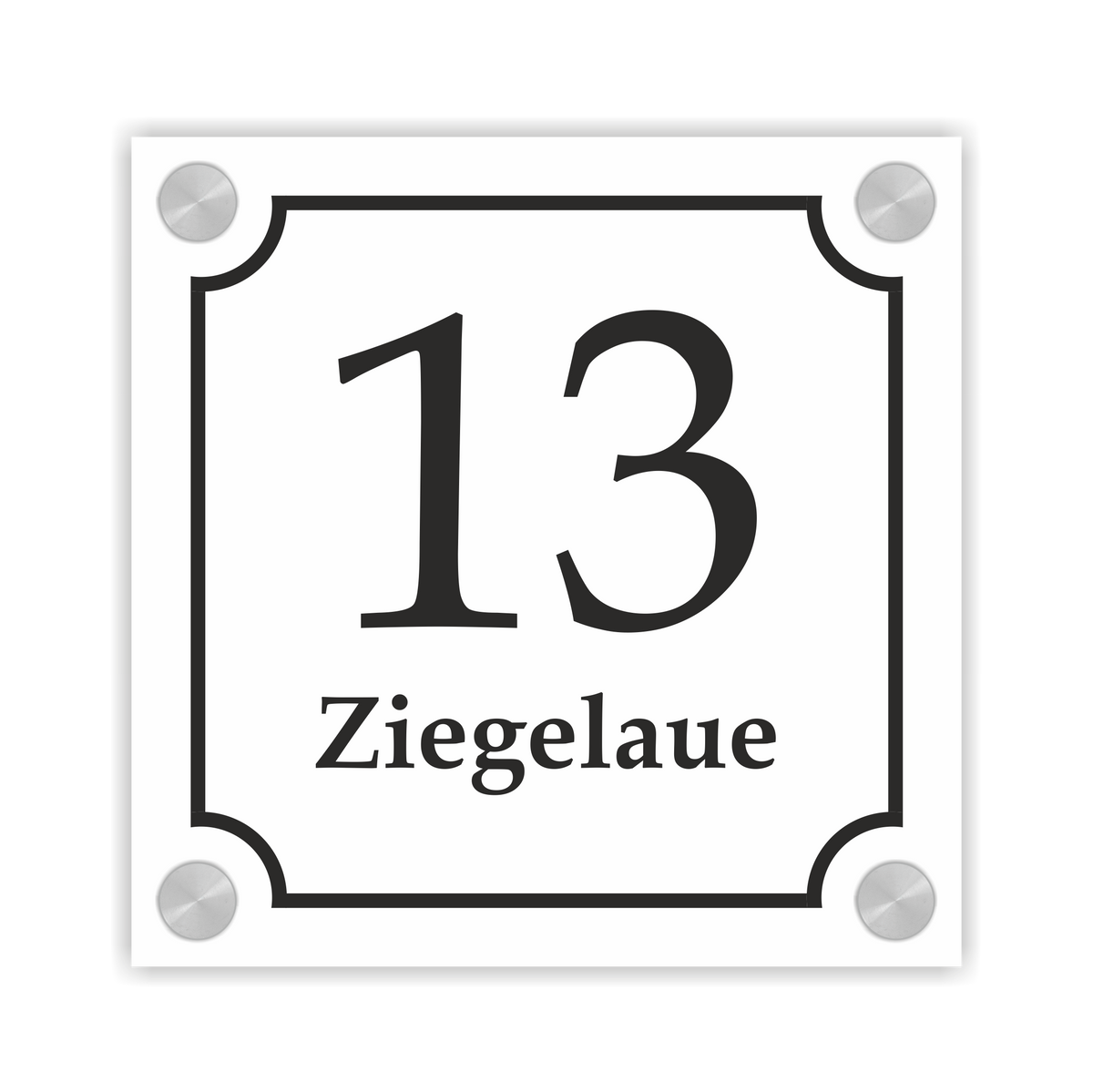 Hausnummernschild im Emaille-Design (15 × 15 cm) — verschiedene Farben – Ansicht Emaille-Schild weiß 15x15 cm mit Edelstahlabstandshaltern