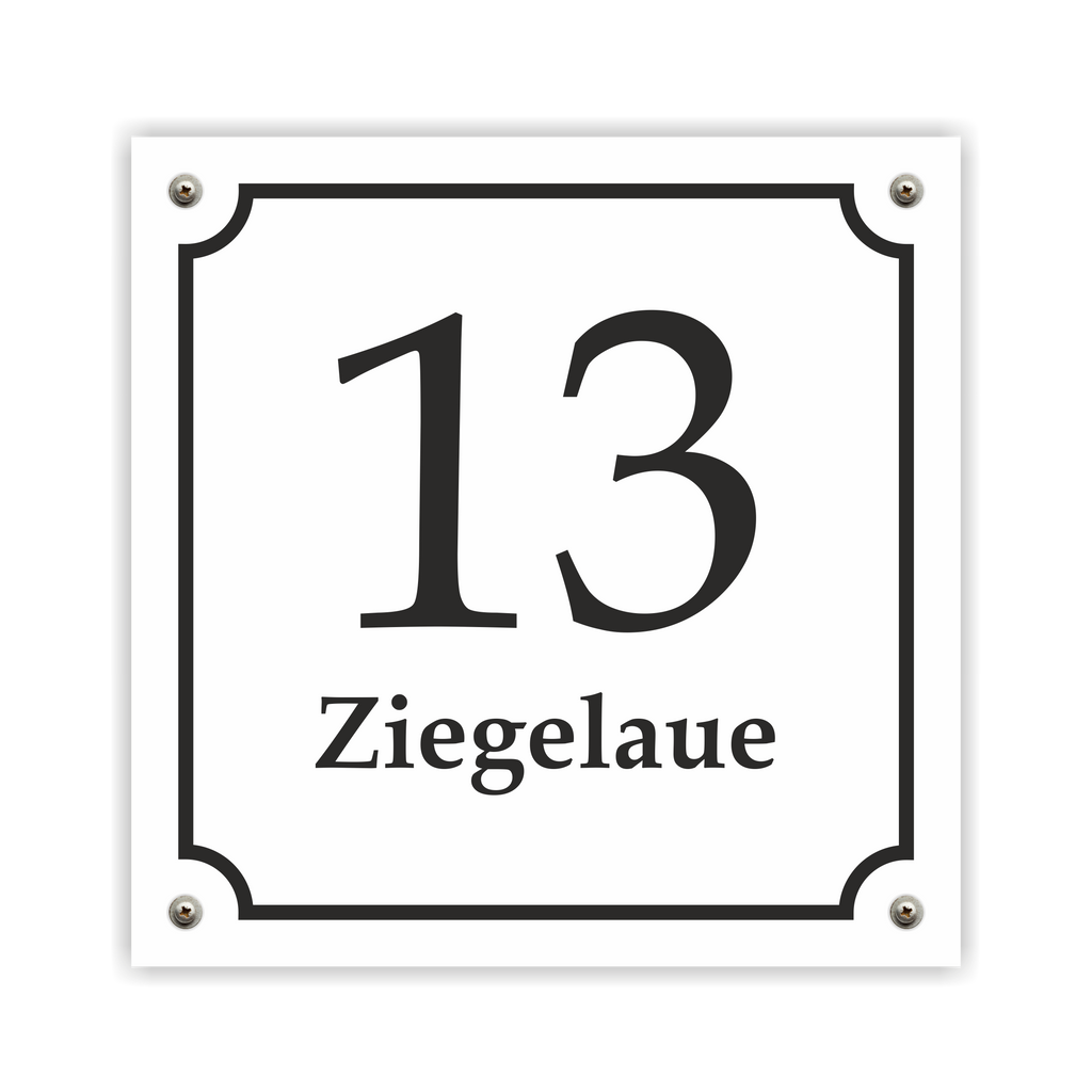 Hausnummernschild im Emaille-Design (15 × 15 cm) — verschiedene Farben – Ansicht Emaille-Schild weiß 15x15 cm mit Schrauben