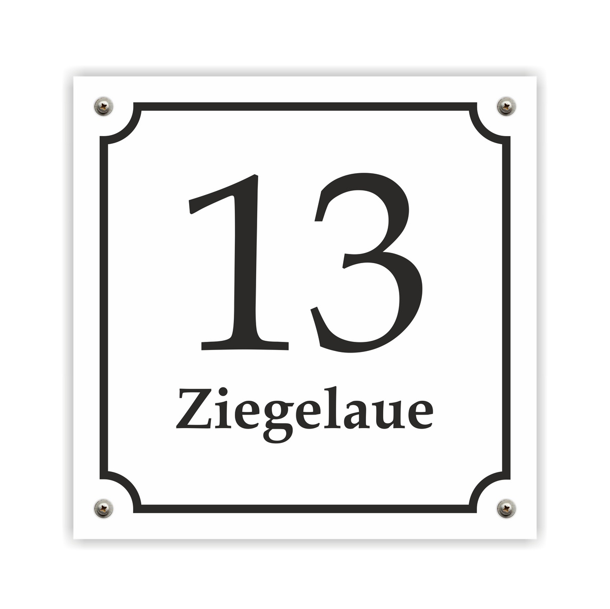 Hausnummernschild im Emaille-Design (15 × 15 cm) — verschiedene Farben – Ansicht Emaille-Schild weiß 15x15 cm mit Schrauben