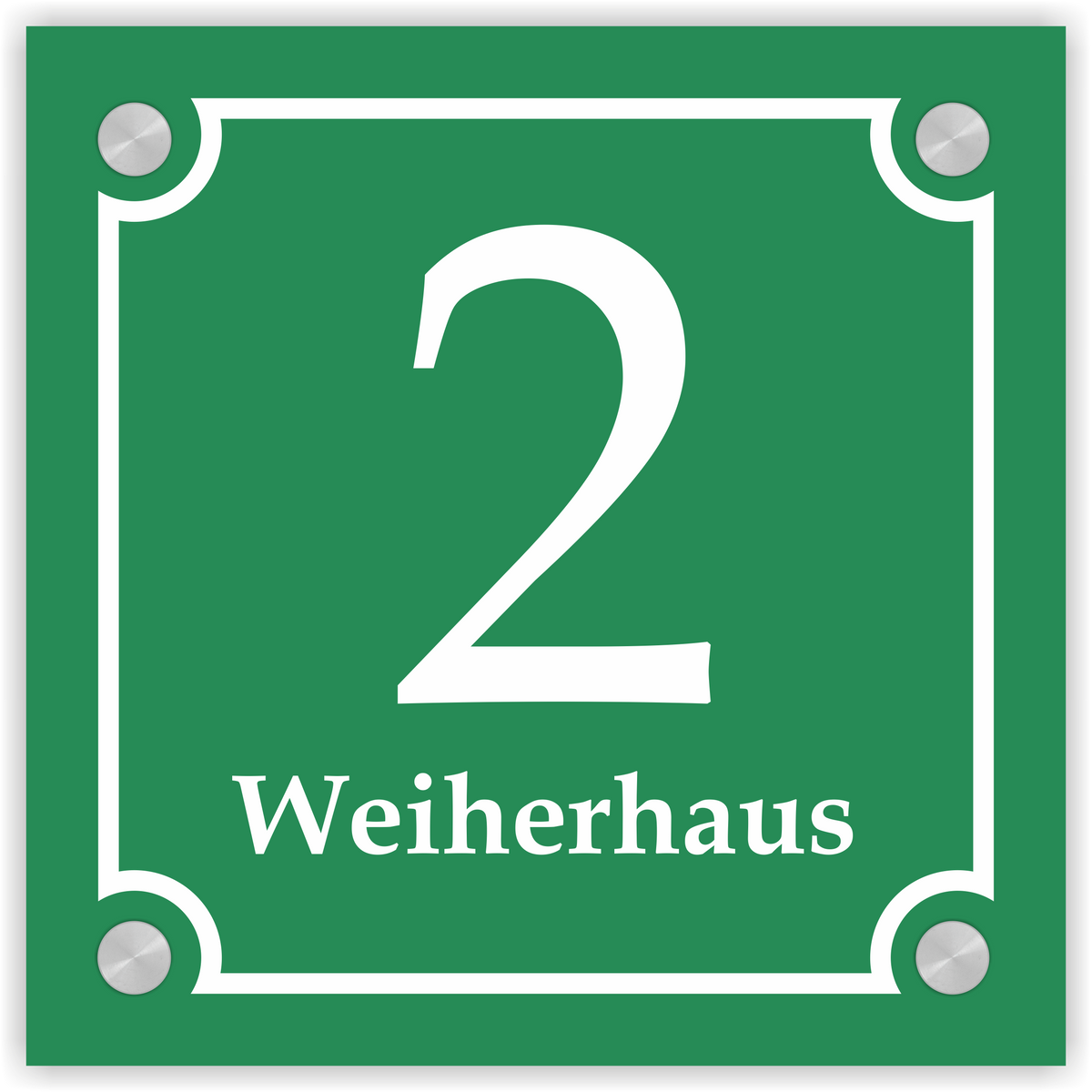 Hausnummernschild im Emaille-Design (20 × 20 cm) — verschiedene Farben – Ansicht Emaille-Schild grün 20x20 cm mit Edelstahlabstandshaltern