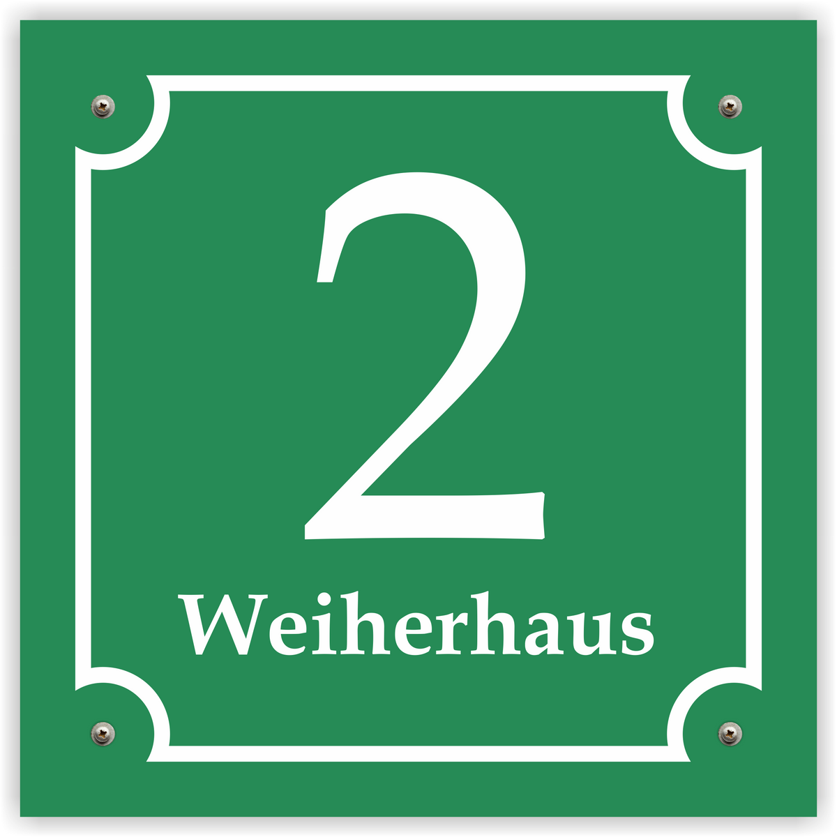 Hausnummernschild im Emaille-Design (20 × 20 cm) — verschiedene Farben – Ansicht Emaille-Schild grün 20x20 cm mit Schrauben