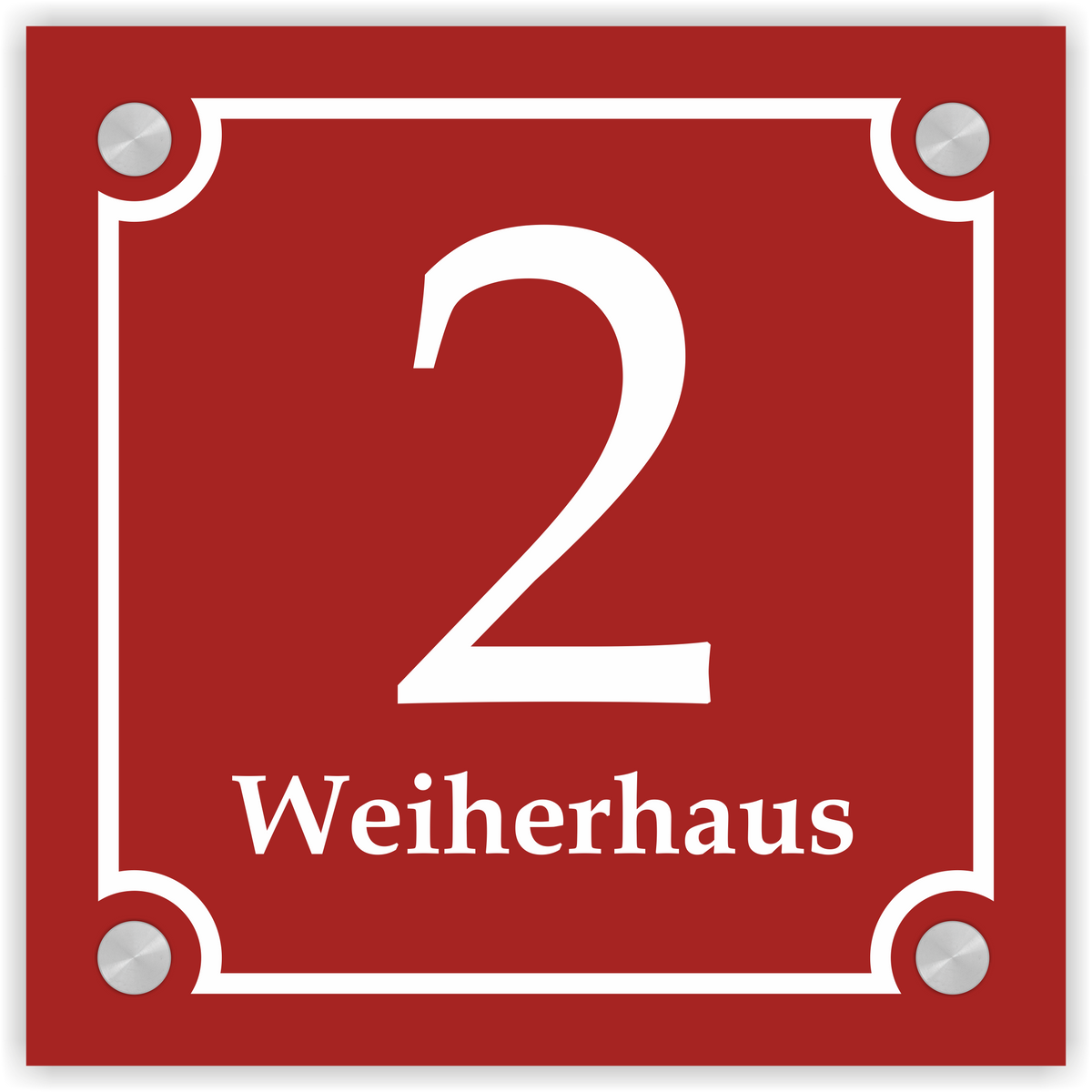 Hausnummernschild im Emaille-Design (20 × 20 cm) — verschiedene Farben – Ansicht Emaille-Schild rot 20x20 cm mit Edelstahlabstandshaltern