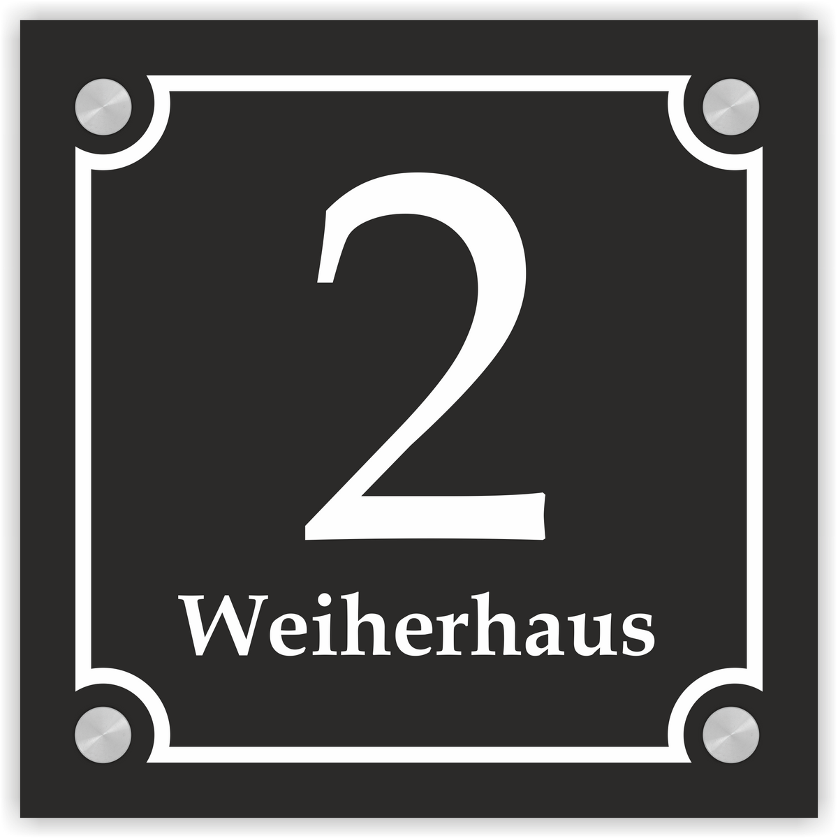 Hausnummernschild im Emaille-Design (20 × 20 cm) — verschiedene Farben – Ansicht Emaille-Schild schwarz 20x20 cm mit Edelstahlabstandshaltern
