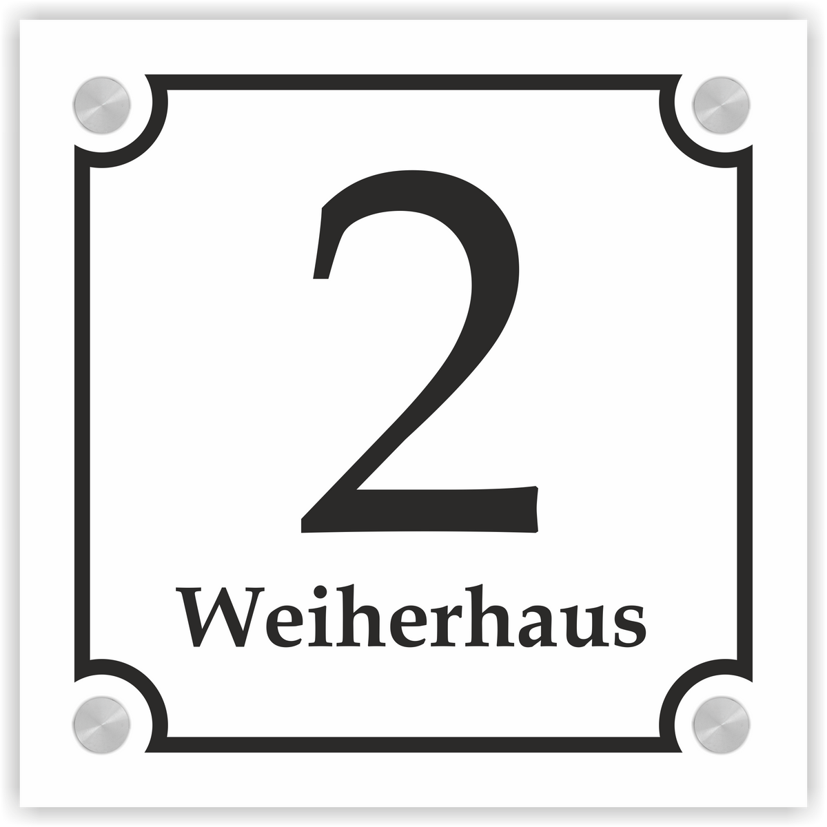Hausnummernschild im Emaille-Design (20 × 20 cm) — verschiedene Farben – Ansicht Emaille-Schild weiß 20x20 cm mit Edelstahlabstandshaltern