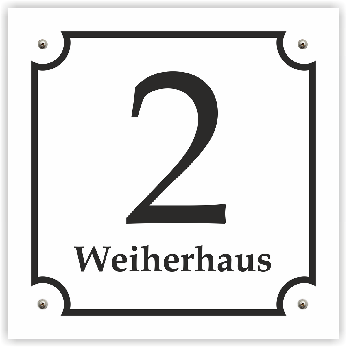 Hausnummernschild im Emaille-Design (20 × 20 cm) — verschiedene Farben – Ansicht Emaille-Schild weiß 20x20 cm mit Schrauben