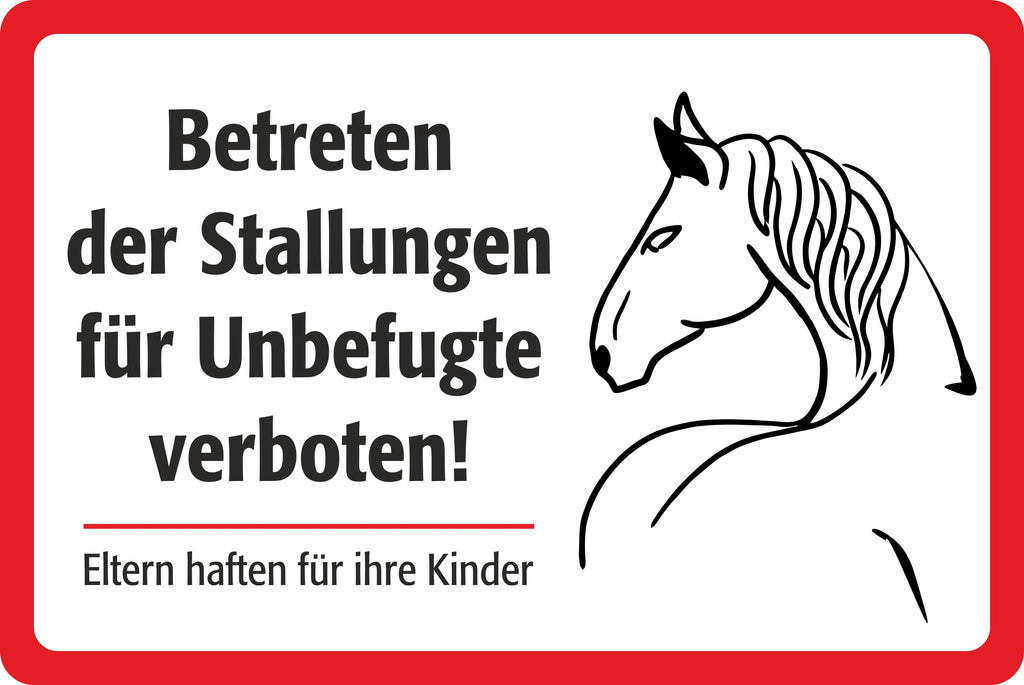 Hinweisschild »Betreten der Stallungen für Unbefugte verboten!« – Ansicht Betreten-der-Stallungen-verboten 302x202mm Rot