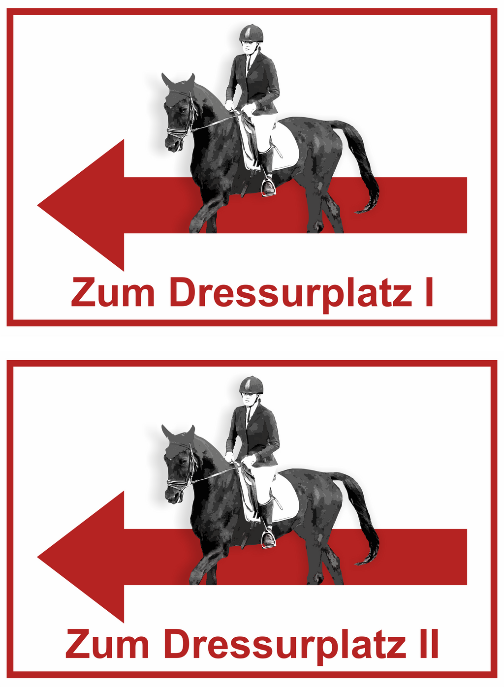 Wegweiser Dressurplatz I und II | 2-er Set | Verschiedene Farben und Richtungen – Ansicht Dressurplatz Set rot links