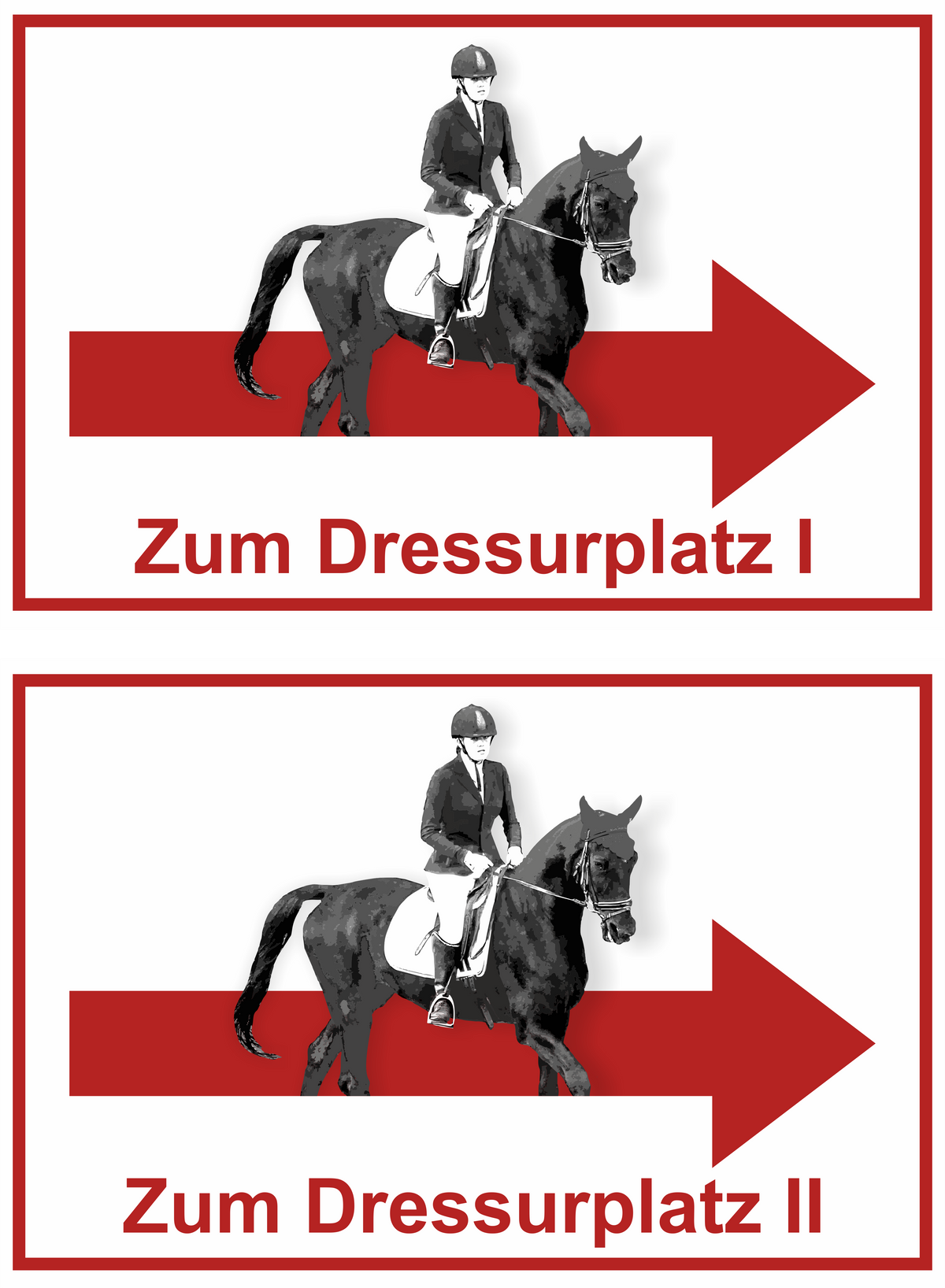 Wegweiser Dressurplatz I und II | 2-er Set | Verschiedene Farben und Richtungen – Ansicht Dressurplatz Set rot rechts